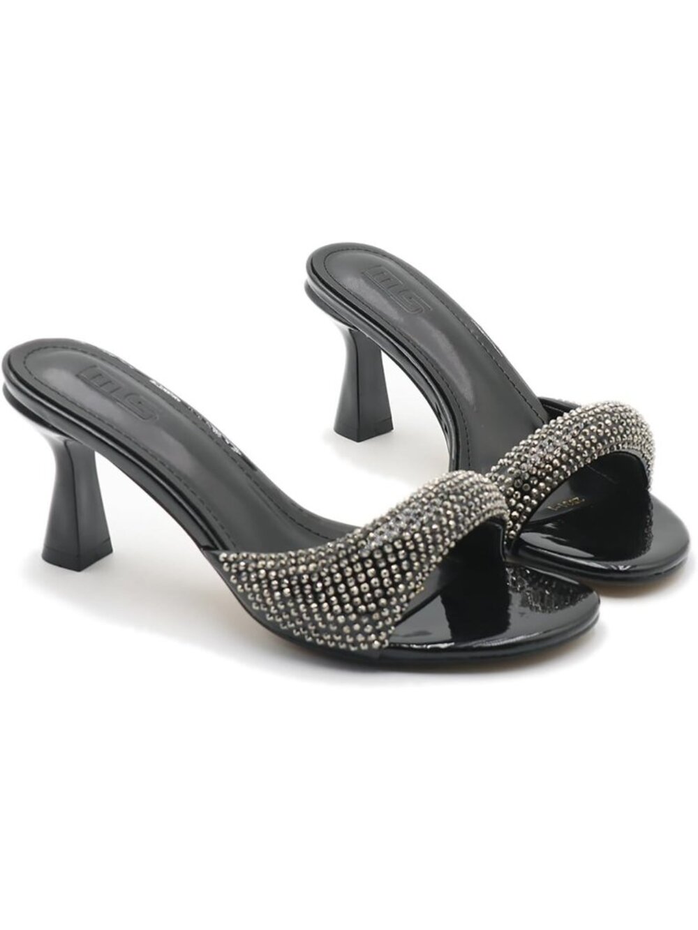 Women's Black Rhinestones One Strap Square Open Toe Kitten Heel Slide Sandals